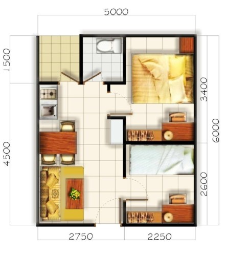 contoh pemisahan ruangan di rumah minimalis type 36
